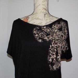 Black boatneck top shabby leopard print bow